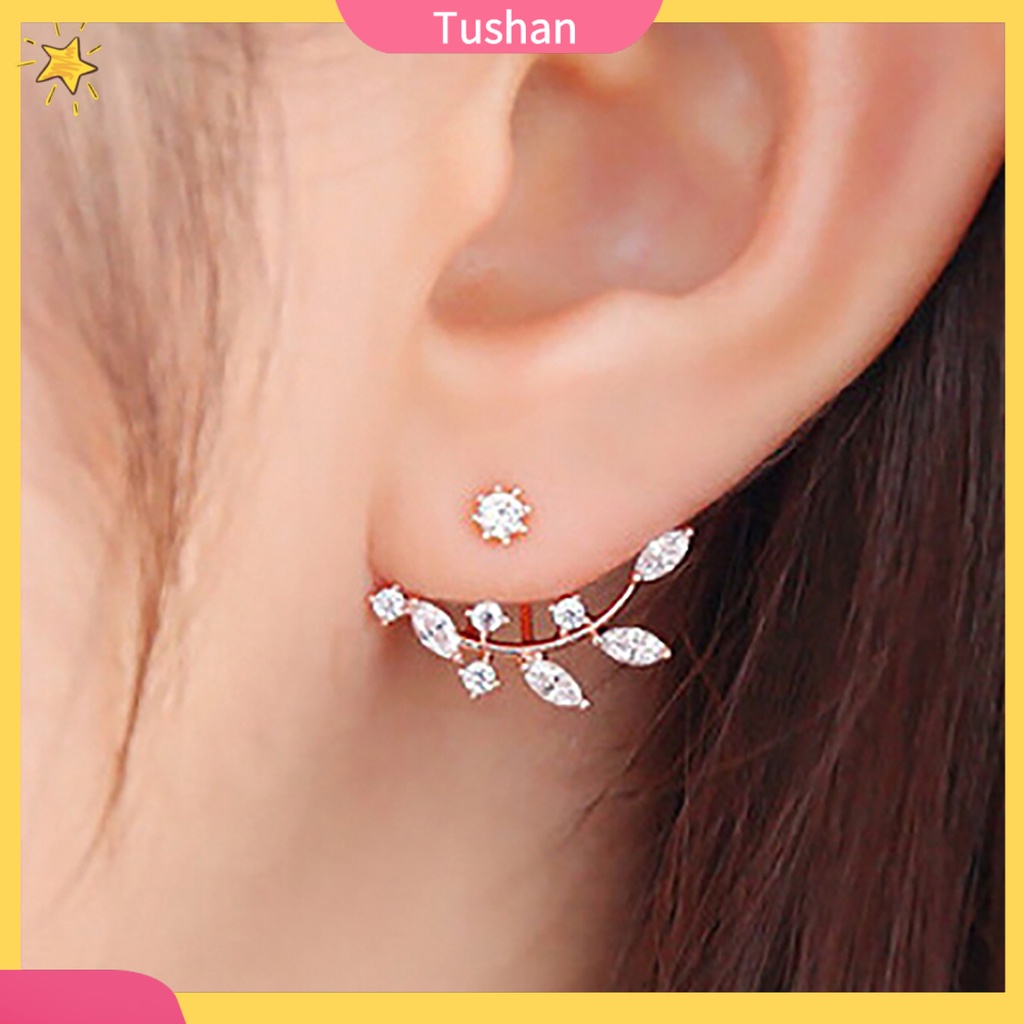 Khuyên tai hình lá cây đính đá phong cách cổ điển