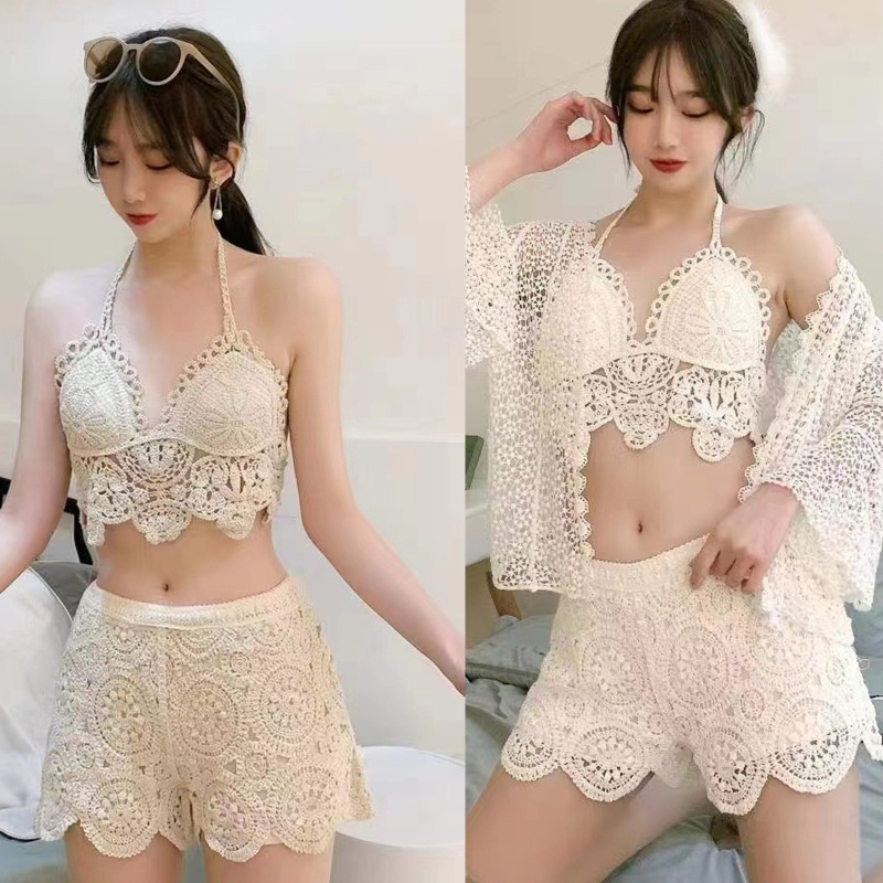Brroa Áo Ngực Crop Top Dệt Kim Khoét Rỗng Họa Tiết Hoa Có Đệm Lót Phong Cách Boho Mùa Hè Cho Nữ