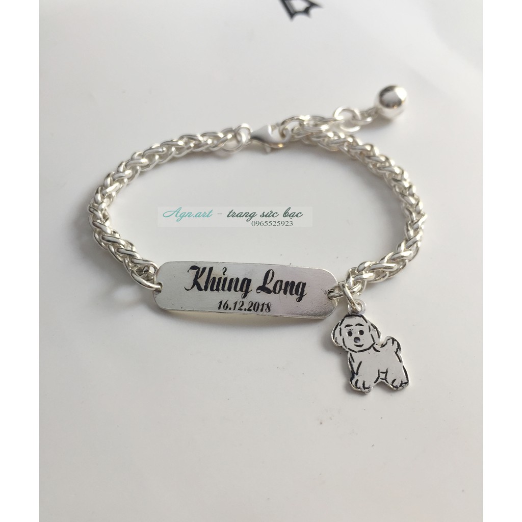 Lắc bạc trẻ em, bản khắc hình chữ nhật, charm tuổi tuất