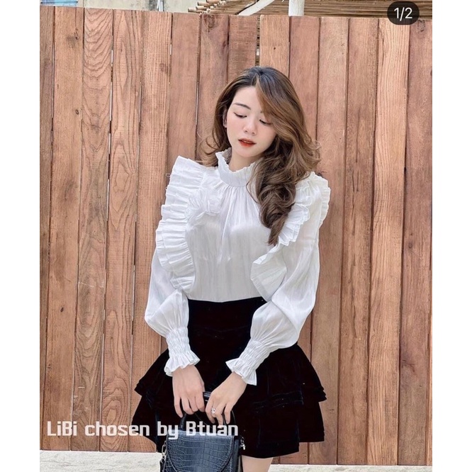 Áo sơ mi tơ óng tay chun bèo vai