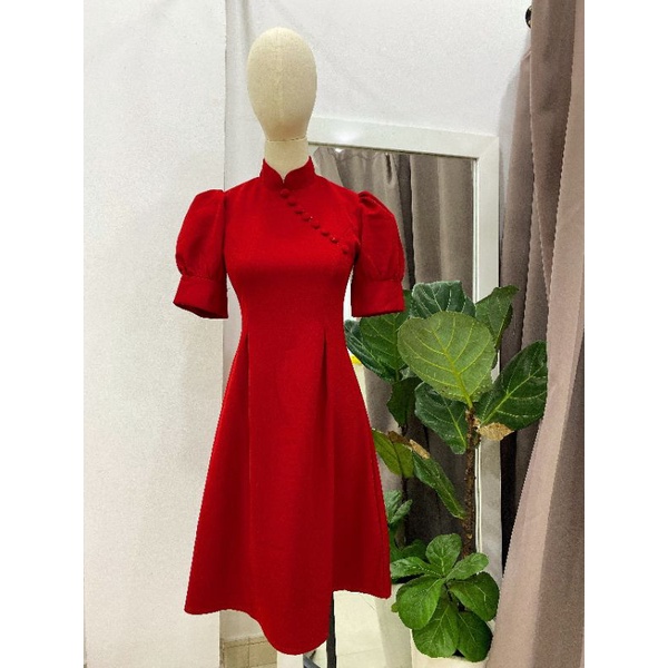 Đầm đỏ tay phồng nút bọc, đầm noel Tết đi chơi cực xinh xắn Rubi Dress