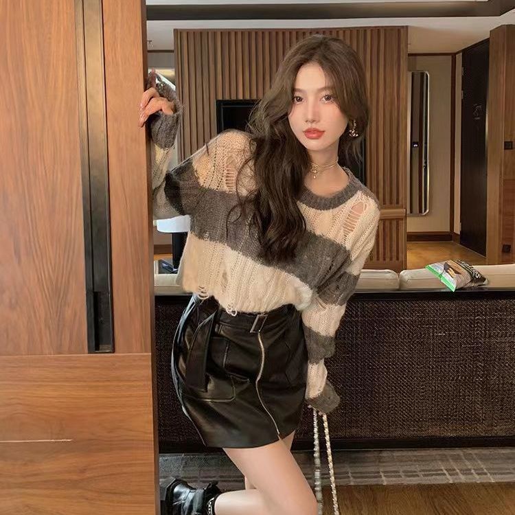 Jiashucheng Áo Sweater Cổ Tròn Tay Dài Dáng Rộng Họa Tiết Kẻ Sọc Thời Trang Cho Nữ