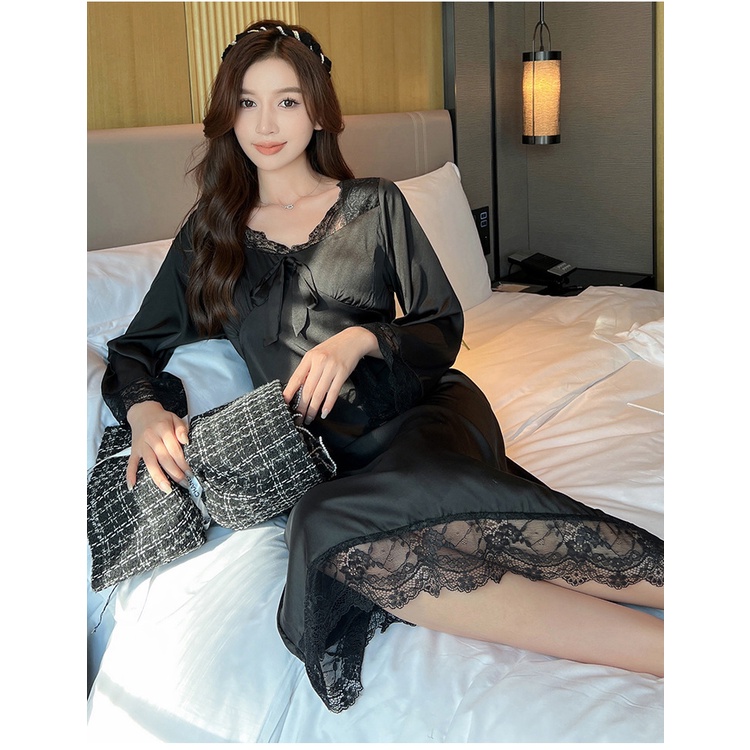 Đầm Ngủ Lụa Tay Dài Phối Ren Rỗng Ngọt Ngào Cho Nữ