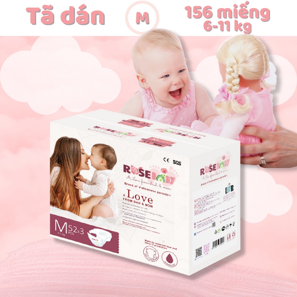 Thùng Bỉm Dán ROSE BABY đủ size NB 180 miếng/ S 168 miếng/ M 156 miếng/ L 144 miếng