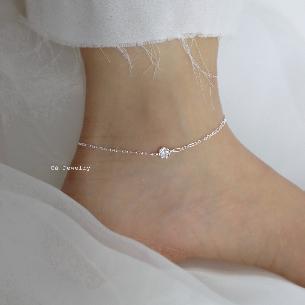 Lắc chân nữ vòng chân nữ bạc s925 sợi xích to và mặt pha lê tròn đính đá màu bạc Cá jewelry LC25
