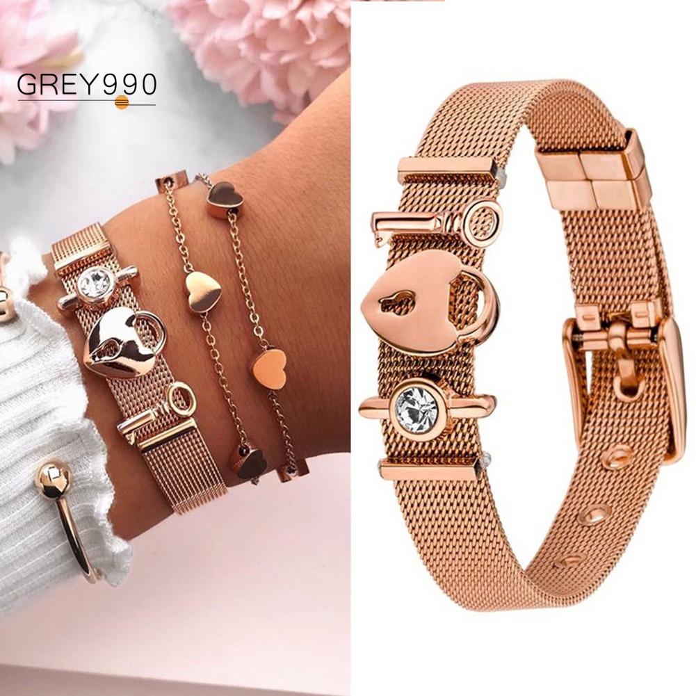 Lady Mesh Stainless Key Heart Charm Bracelet