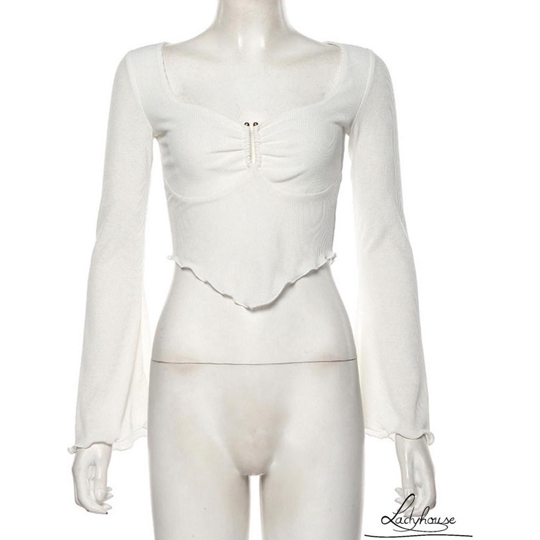 LDD-Women Sexy Short Top Long Sleeve V Neck See-Through Mesh Ruffled White Slim Fit T-shirts