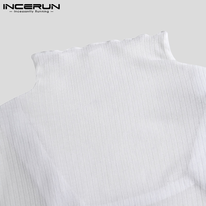 Áo thun INCERUN cổ lọ tay dài xuyên thấu thời trang nam tính