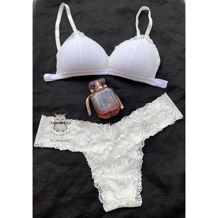 Set bra thiết kế sexy, Đồ lót nữ ren trắng gợi cảm ôm ngực nguyên set gồm áo + quần lọt khe dây | BigBuy360 - bigbuy360.vn