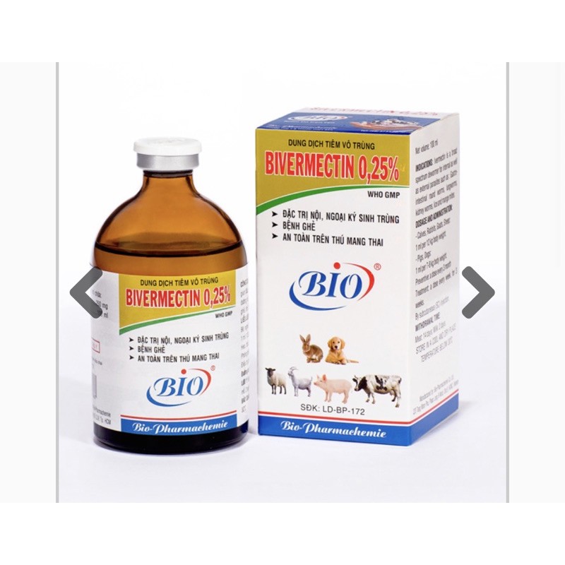 BIO BIVERMECTIN 0,25% 20ML TRI NỘI, NGOẠI, KÍ SINH TRÙNG, GHẺ, AN TOÀN TRÊN THÚ MANG THAI.