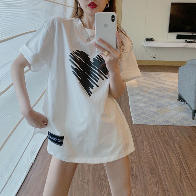 Áo Thun Cotton Tay Ngắn Dáng Rộng In Họa Tiết Trái Tim Xinh Xắn Dành Cho Nữ