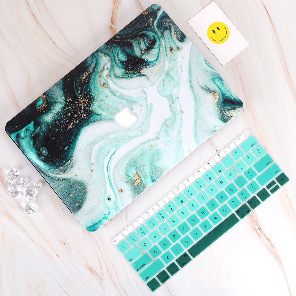 Vỏ bọc bảo vệ MacBook Air 13 2018 2019 2020 Pro 13 15 16 Mac Case A1932 A1466 A2159 A1706 A1708 A2141 họa tiết vân đá xanh lá + tấm bảo vệ bàn phím độc đáo