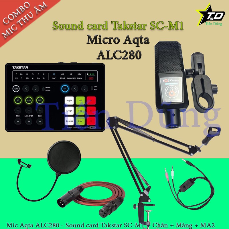 Bộ mic thu âm Aqta ALC280 và sound card SC M1 cùng dây livestream MA2 chân màng- Trọn bộ mic livestream đầy đủ