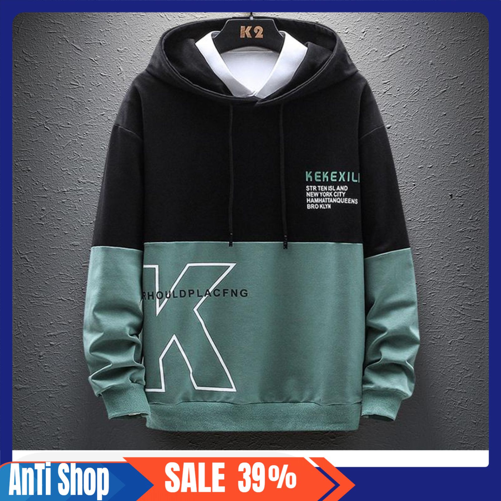 ÁO HOODIE NÓN NAM MÀU ĐEN CHẤT VẢI NỈ HÀNG FREESIZE 1 CỠ FORM DÁNG RỘNG DƯỚI 65KG MẶC VỪA (CHỮ K ĐEN XANH) | BigBuy360 - bigbuy360.vn