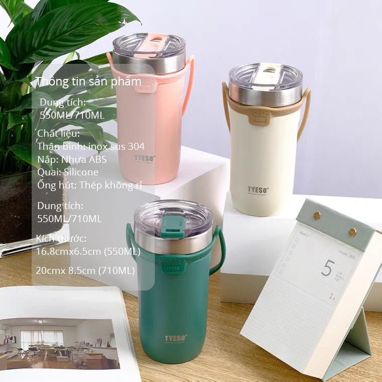 Ly giữ nhiệt TYESO MUG thể tích 710ML có quai xách,ống hút đi kèm-BN05