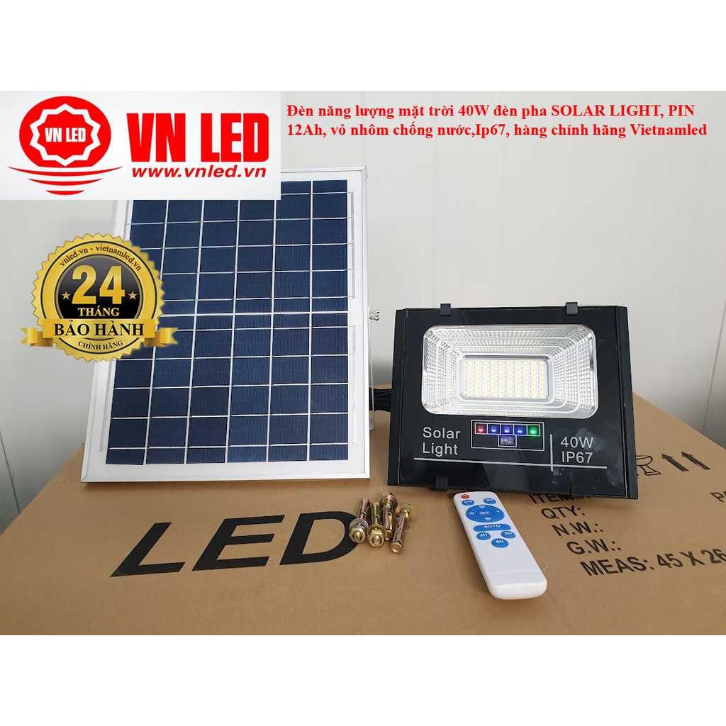 Đèn năng lượng mặt trời 40W đèn pha SOLAR LIGHT, PIN 12Ah, vỏ nhôm chống nước,Ip67, hàng chính hãng Vietnamled