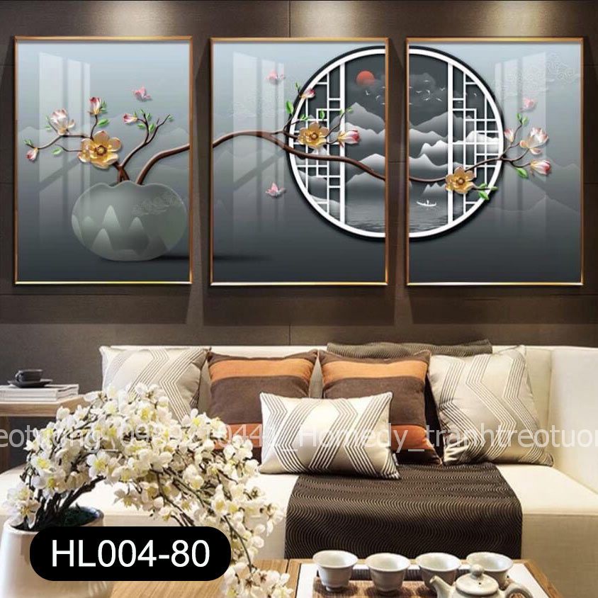Bộ 3 tranh treo tường canvas Phòng Khách trừu tượng chủ đề tĩnh vật hoa lá tông Ghi xám hiện đại HL004-80