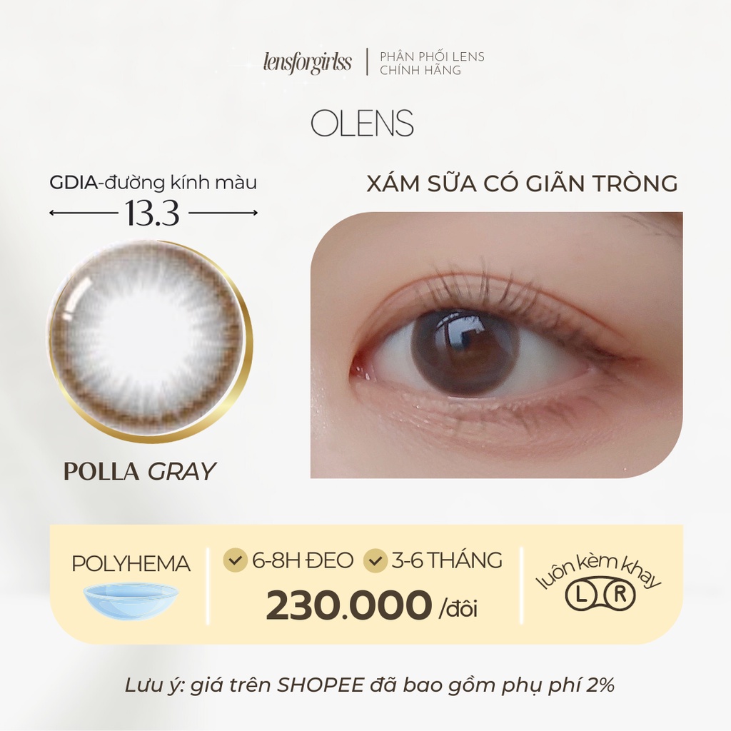 Kính áp tròng xám sữa POLLA GRAY chính hãng Olens | HSD 3-6 tháng | Lens cận