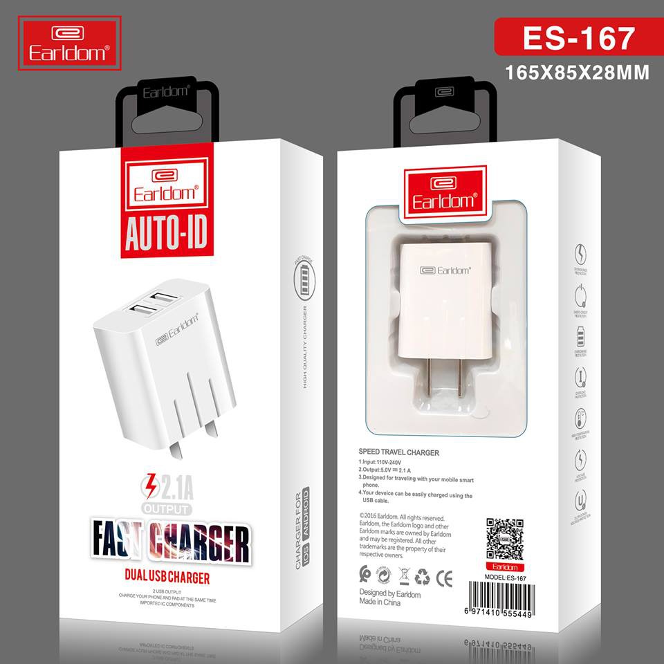 Củ sạc nhanh 2 cổng usb kèm dây sạc lighting type-c earldom es-167 hỗ trợ sạc nhanh 2.4a