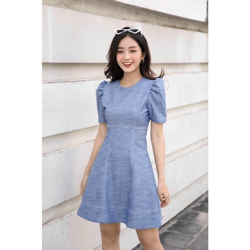 Đầm Xòe Công Sở Akara DT279 Dáng A Cổ Tròn Tay Phồng Màu Xanh Phù Hợp Dự Tiệc Dạo Phố | BigBuy360 - bigbuy360.vn