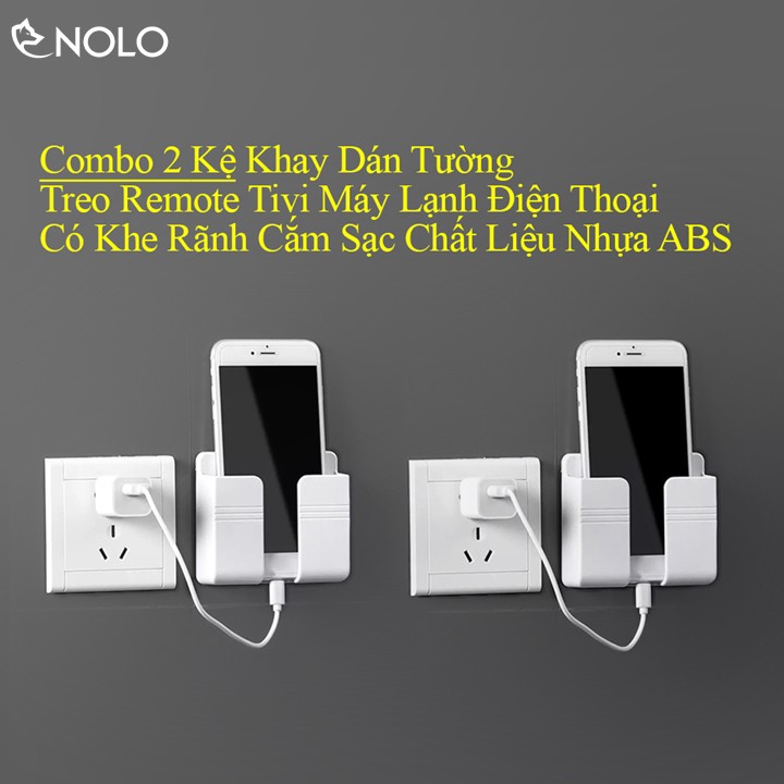 Combo 2 Khay Dán Tường Treo Remote Tivi Máy Lạnh Điện Thoại Có Khe Rãnh Cắm Sạc Chất Liệu Nhựa ABS