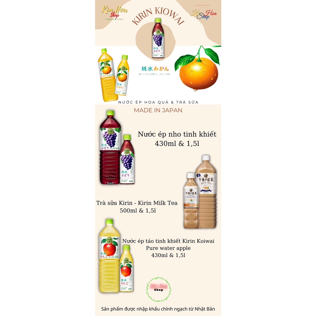 Nước ép hoa quả tinh khiết và trà sữa KIRIN KIOWAI Nho & Táo & Cam & Trà sữa từ Nhật Bản - MADE IN JAPAN