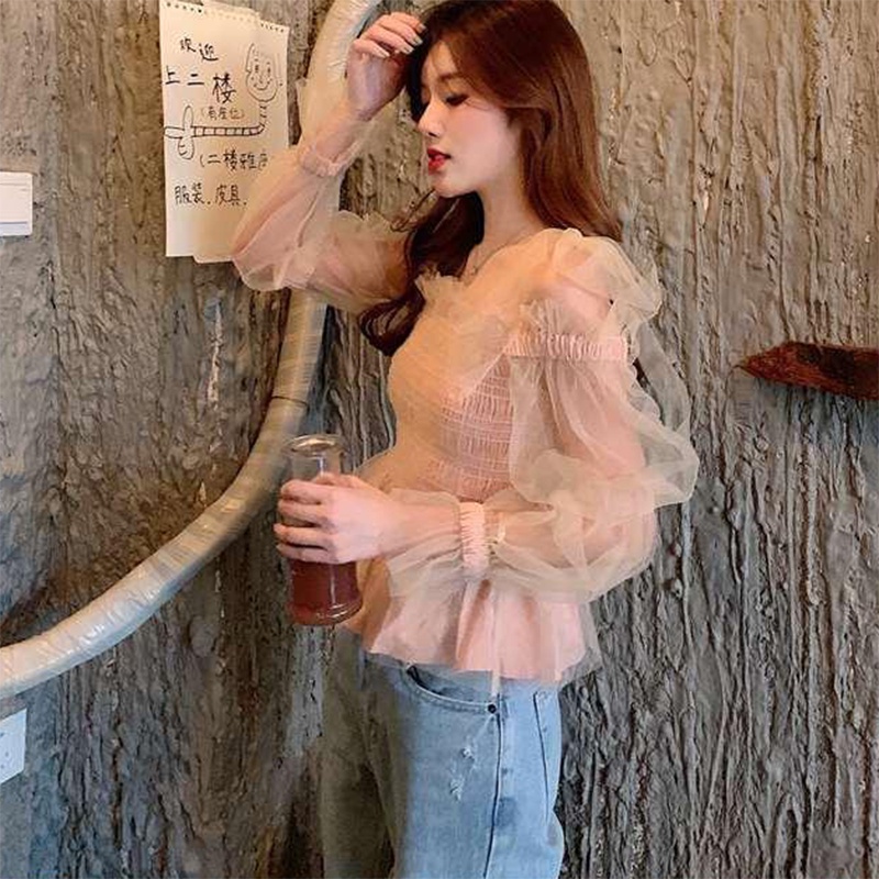 Áo kiểu nữ IELGY cổ vuông tay dài phối lưới màu trơn ngọt ngào thời trang kiểu Pháp