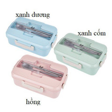 Hộp Đựng Cơm Văn Phòng Lúa Mạch Chia 3 Ngăn Giữ Nhiệt Tặng Kèm Đũa Thìa