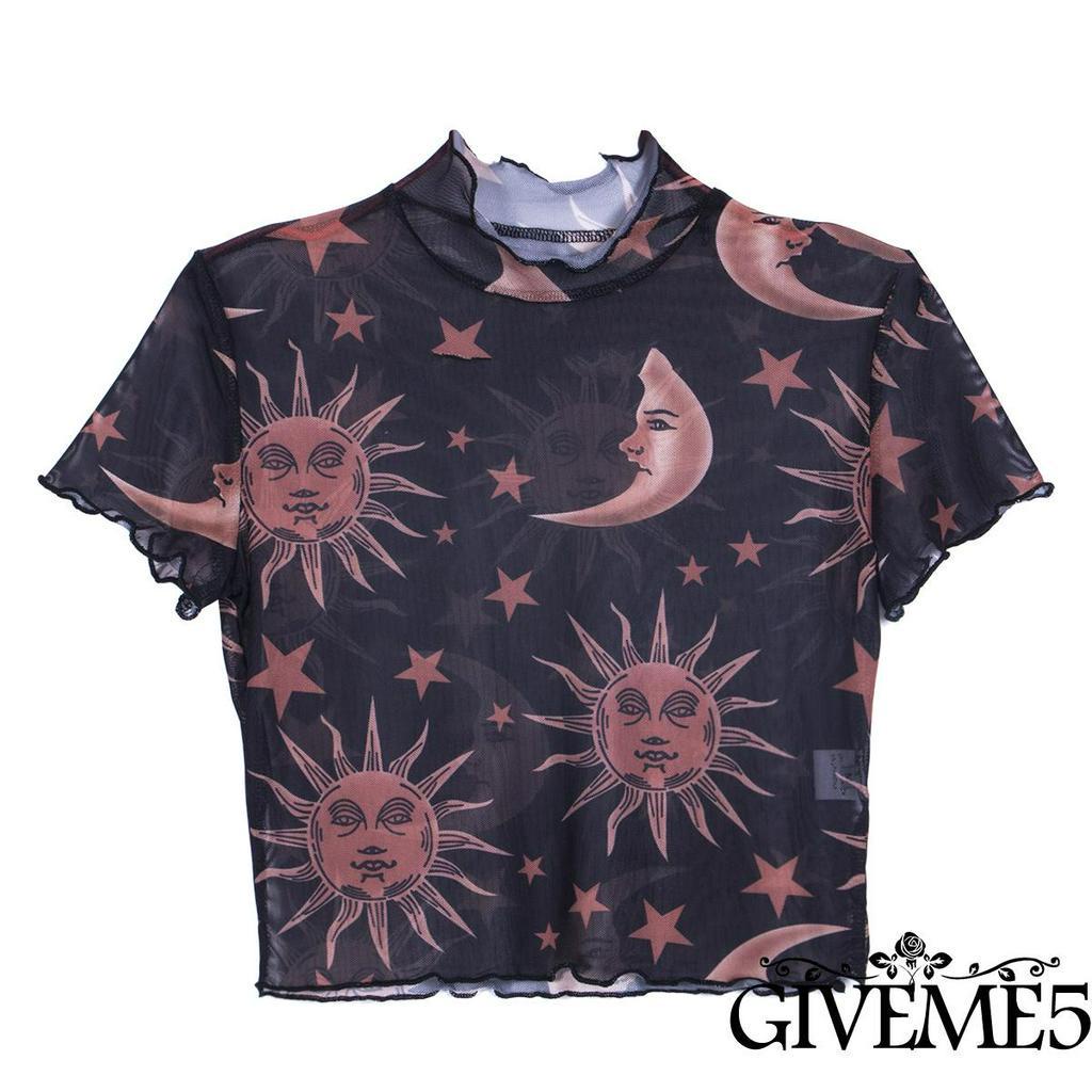 Áo Croptop Xuyên Thấu In Họa Tiết Mặt Trăng Và Ngôi Sao Thời Trang Cho Nữ