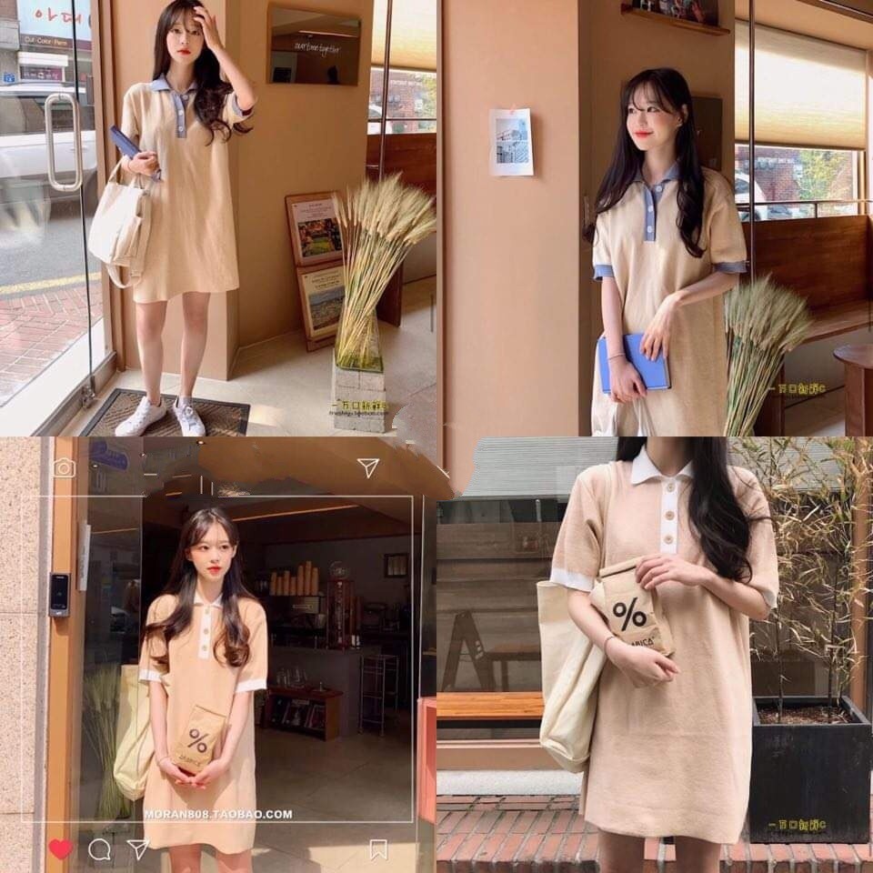 VÁY POLO KEM VIỀN CỔ XANH TRẮNG - ÁO VÁY POLO BE VIỀN PHỐI MÀU CÚC CÀI ULZZANG