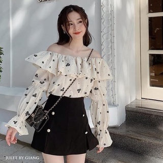 {evacici }Áo croptop ulzzang trắng buộc dây cổ, áo croptop trễ vai dài tay xinh xắn