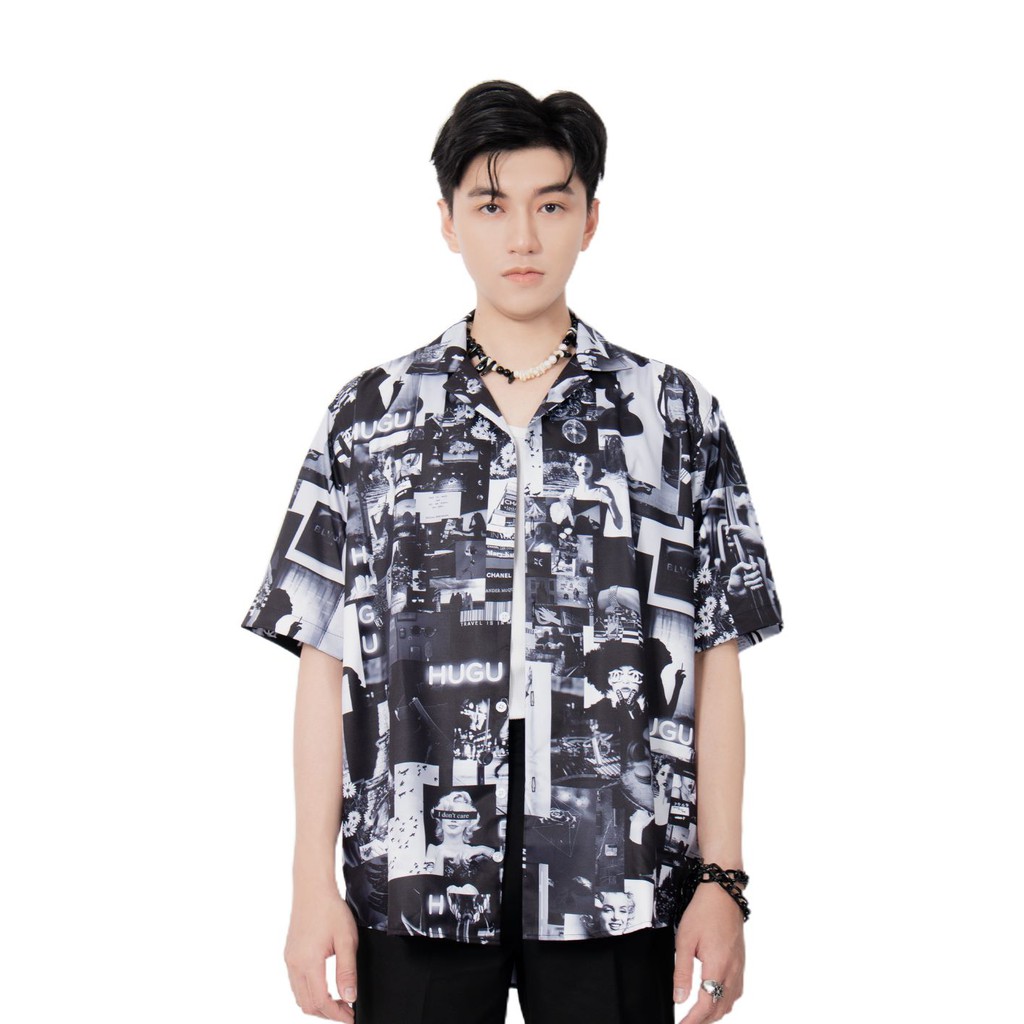 Áo sơ mi tay ngắn HUGU - Black mix pic - chất liệu satin - unisex