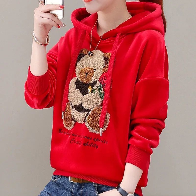 Áo Khoác Hoodie Chui Đầu Dáng Rộng Cỡ Lớn 35% Lót Lông Cừu Dày Dặn Thêu Họa Tiết Thời Trang Thu Đông Cho Nữ