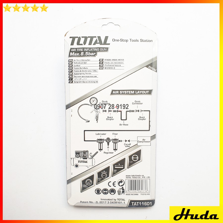 TOTAL - TAT11601 DỤNG CỤ BƠM LỐP XE Ô TÔ DÙNG KHÍ ≤150 PSI
