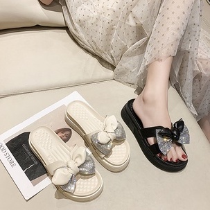 Dép Xinh Nữ Đế Xuồng Cao 4Cm Quai Ngang/ Dép Lê Đính Nơ Xinh