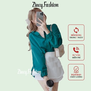 Set sơmi kèm quần giả váy áo sơmi nữ tay dài màu xanh quần váy trắng Kèm hình thật