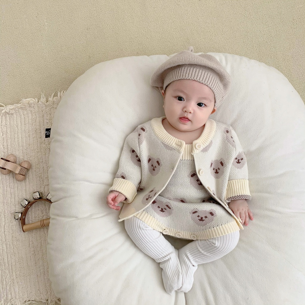 Bộ Áo Liền Quần Họa Tiết Gấu Dễ Thương Thời Trang Mùa Đông Cho Bé Từ 0-3 Tuổi