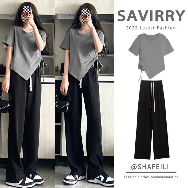 Set Đồ 2 Món Gồm Áo Thun Tay Ngắn Thoáng Khí Có Dây Rút Và Quần Ống Rộng Màu Đen Phong Cách Hàn Quốc Cho Nữ