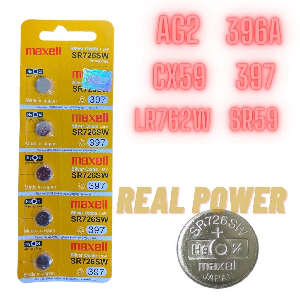 Pin Maxell AG2 / SR726SW / 397 / 396A / CX59 / LR762 / SR59 Silver Oxide 1.55Volt (Made in Japan)