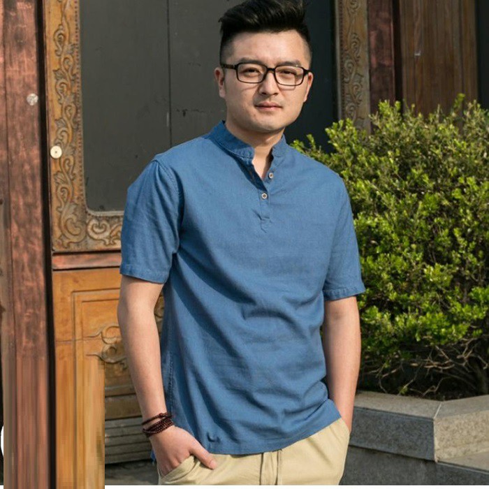 Áo sơ mi nam cộc tay cổ tầu chất thô, thời trang xuân hè 2021