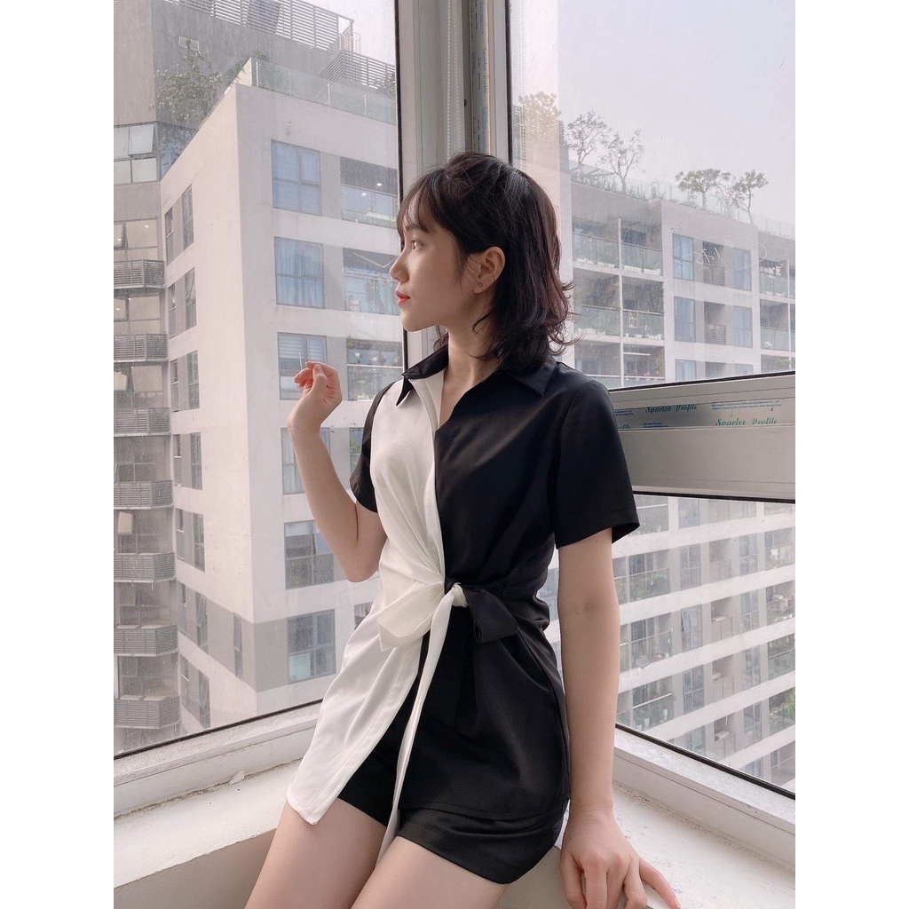 Set áo sơ mi mix quần đũi Hàn xịn mịn phối màu đen trắng Thời Trang Simple | BigBuy360 - bigbuy360.vn