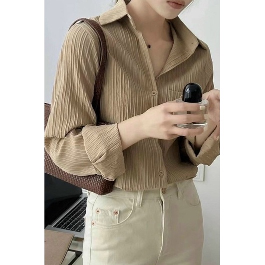 Áo sơ mi gân nổi form rộng dấu quần, Áo kiểu sơ mi cổ bẻ dài SM7742 - NhiNhi Shop