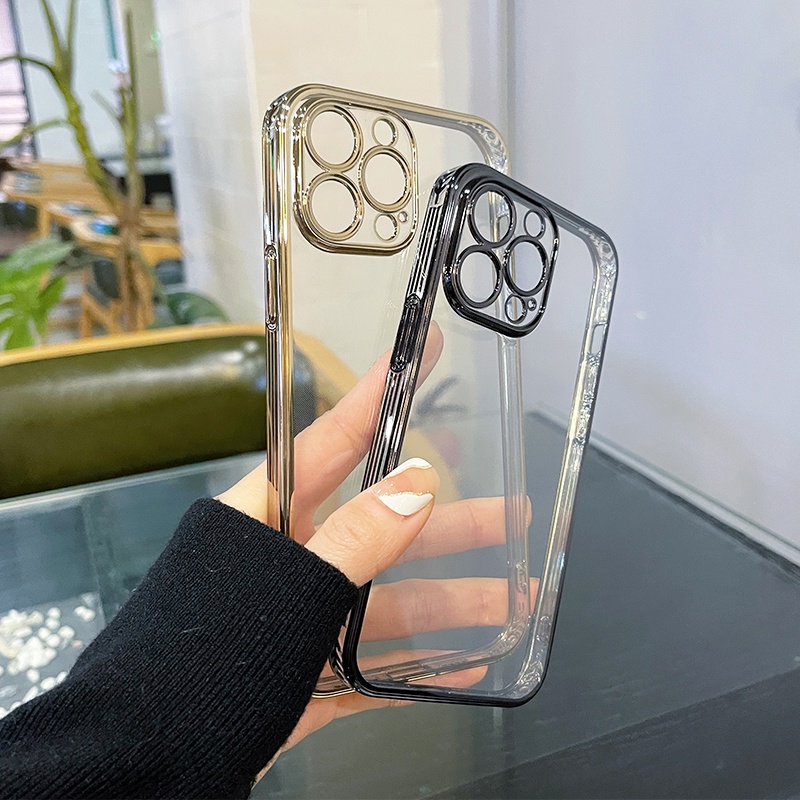 for Ốp Điện Thoại TPU Silicon Trong Suốt Viền Vuông Mạ Màu Chống Sốc Cho compatible for iPhone 13 11 12 Pro Mini Max XR X Xs 6 7 8 Plus SE