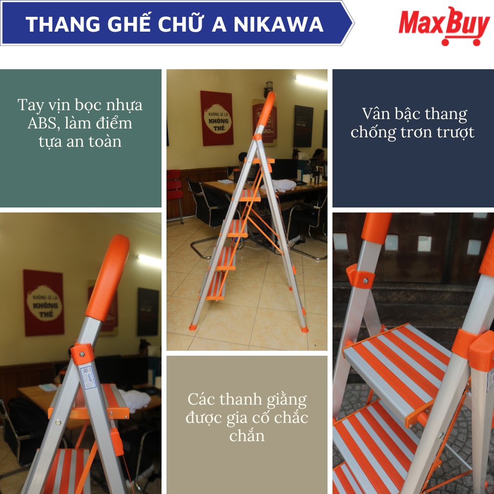 Thang nhôm ghế 5 bậc chữ a có tay vịn gấp gọn Nikawa nhập khẩu Nhật Bản, bảo hành 18 tháng NKA-05