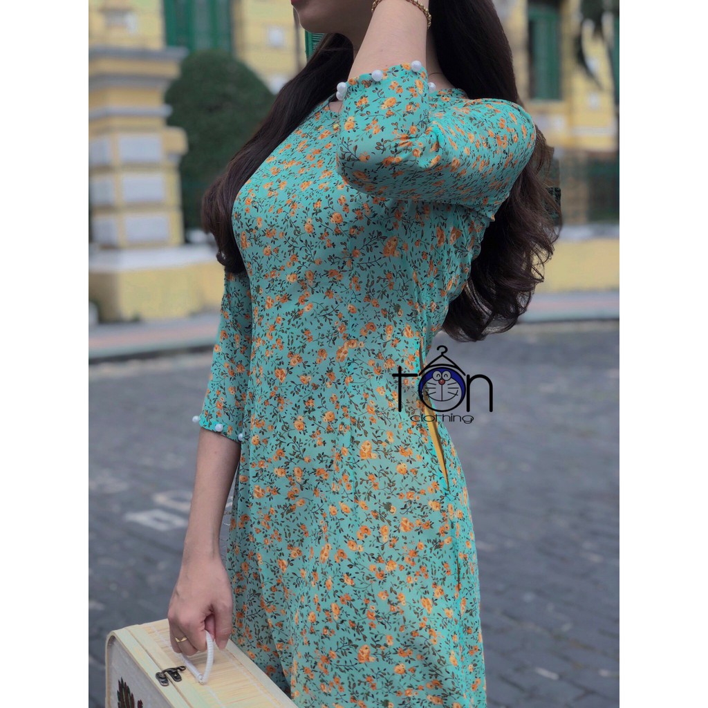 Set áo dài nữ Ton.Clothing kiểu truyền thống tay lỡ vải mịn mát họa tiết dễ thương xinh xắn màu hoa nhí xanh AOD001'