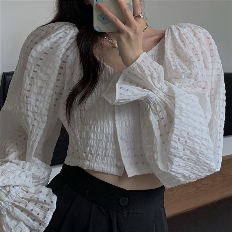 Áo kiểu tay dài cổ V thời trang xinh xắn cho nữ