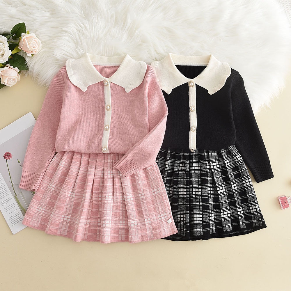 Bộ đồ BEAR LEADER gồm áo khoác cardigan len và chân váy xếp ly sọc caro thời trang mùa thu dành cho bé 3-7 tuổi