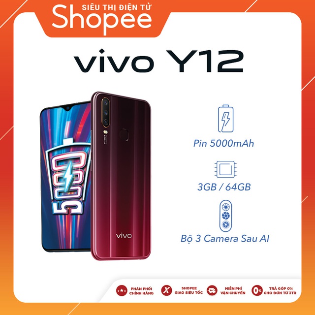 [Nhập mã VIVOT82 giảm ngay 200k] Điện thoại Vivo Y12 3Gb + 64Gb - Hàng chính hãng