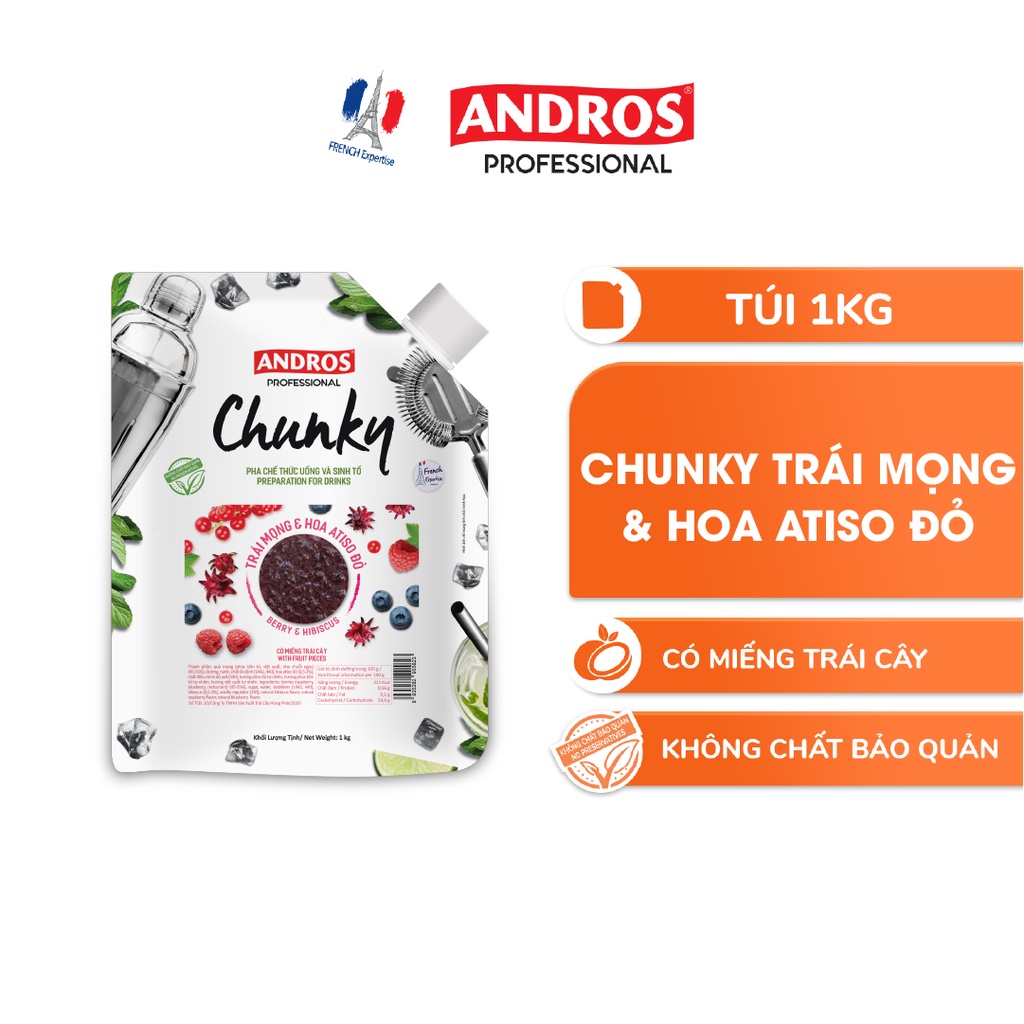 Mứt Trái Cây Pha Chế Trái mọng & Hoa Atiso đỏ - Có miếng trái cây thật - Nguyên liệu pha chế - ANDROS CHUNKY - 1kg