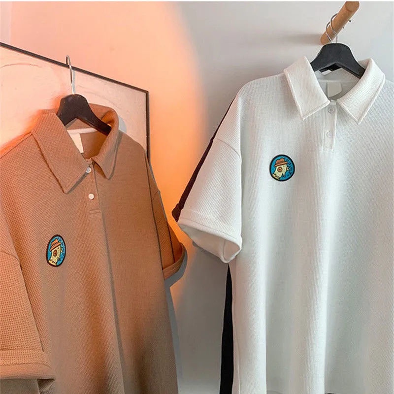 Áo Thun Tay Ngắn Cổ Polo Dáng Rộng Phong Cách Retro Nhật Bản Cá Tính Cho Nam